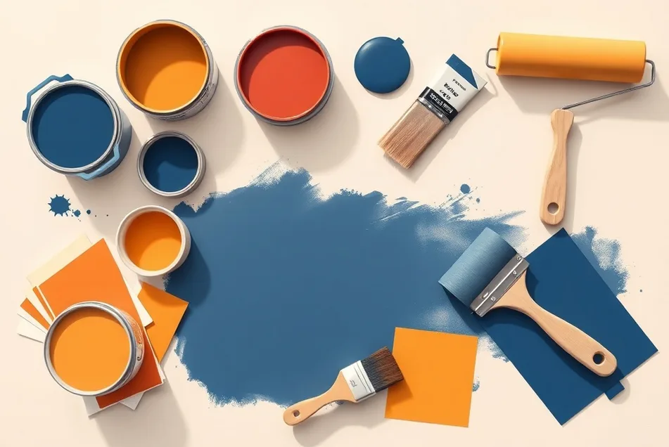 Pots de peinture, nuancier, brosses et rouleaux disposés à plat