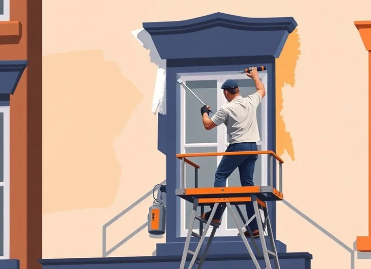 Peintre sur échafaudage traitant la façade d'une maison