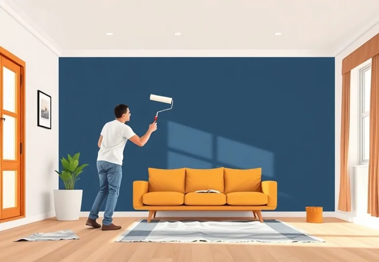 Peintre appliquant la peinture au rouleau sur un mur de salon